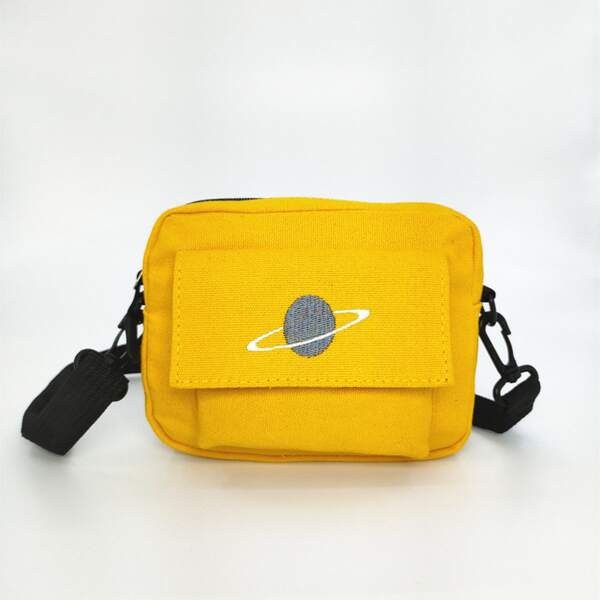 

Embroidery Design Pocket Front Crossbody Bag, Mustard yellow