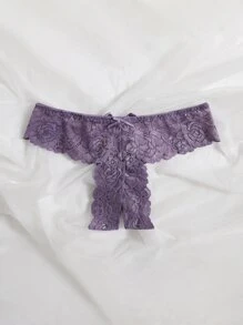 Floral Lace Bow Decor Thong Lingerie - Mauve Purple - View 3