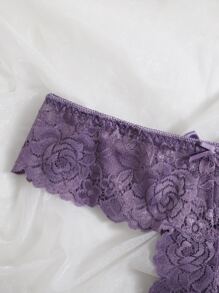 Floral Lace Bow Decor Thong Lingerie - Mauve Purple - View 4
