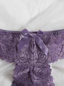 Floral Lace Bow Decor Thong Lingerie - Mauve Purple - View 5