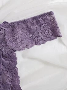 Floral Lace Bow Decor Thong Lingerie - Mauve Purple - View 6
