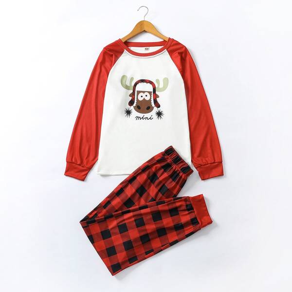 

Christmas Print Raglan Sleeve Top & Gingham Print Pants PJ Set, Multicolor