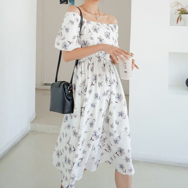 

Floral Print Lantern Sleeve Dress, White