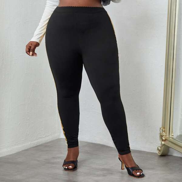 

Plus High Waist Contrast Sequins Side Seam Leggings, Black