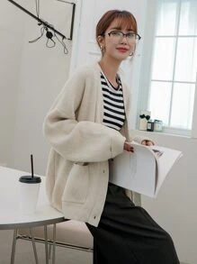 DAZY Áo len Mở Nút phía trước màu trơn Giải trí - Màu be - Xem 2