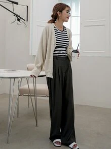 DAZY Áo len Mở Nút phía trước màu trơn Giải trí - Màu be - Xem 4