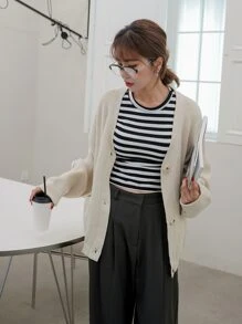 DAZY Áo len Mở Nút phía trước màu trơn Giải trí - Màu be - Xem 6