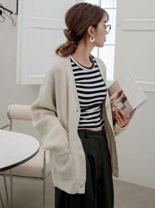 DAZY Áo len Mở Nút phía trước màu trơn Giải trí - Màu be - Xem 7