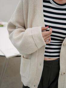 DAZY Áo len Mở Nút phía trước màu trơn Giải trí - Màu be - Xem 8