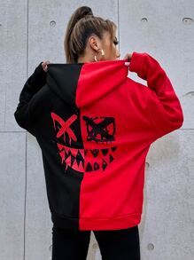 SHEIN Coolane Cartoon Face Print Two Tone Drop Shoulder Drawstring Hoodie - Multicolor - View 1