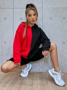 SHEIN Coolane Cartoon Face Print Two Tone Drop Shoulder Drawstring Hoodie - Multicolor - View 3