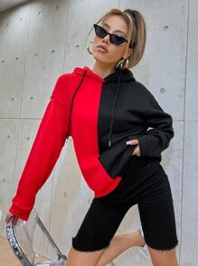 SHEIN Coolane Cartoon Face Print Two Tone Drop Shoulder Drawstring Hoodie - Multicolor - View 4