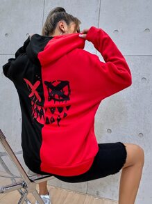 SHEIN Coolane Cartoon Face Print Two Tone Drop Shoulder Drawstring Hoodie - Multicolor - View 5