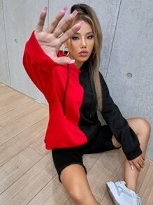 SHEIN Coolane Cartoon Face Print Two Tone Drop Shoulder Drawstring Hoodie - Multicolor - View 6