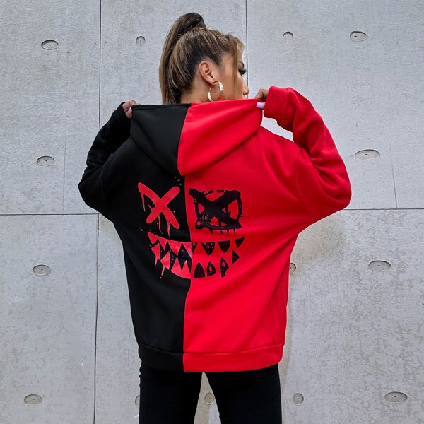 

Cartoon Face Print Two Tone Drop Shoulder Drawstring Hoodie, Multicolor