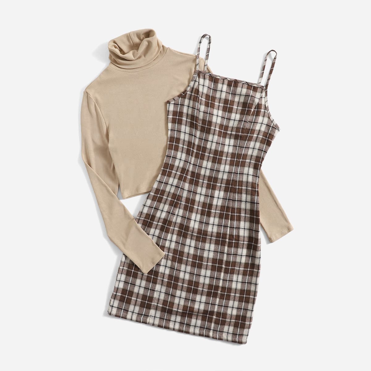 

Solid Ribbed Tee & Plaid Print Cami Dress, Multicolor