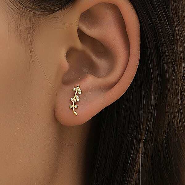 

Zircon Leaf Decor Stud Earrings, Gold