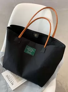 輕便商務休閒大容量貼花裝飾單肩手提包適合青少年女大學生、菜鳥和白領，非常適合辦公室、大學、工作、商務、通勤 - 黑色 - 查看 1