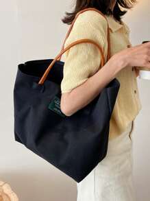 輕便商務休閒大容量貼花裝飾單肩手提包適合青少年女大學生、菜鳥和白領，非常適合辦公室、大學、工作、商務、通勤 - 黑色 - 查看 2