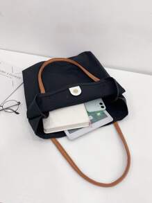 輕便商務休閒大容量貼花裝飾單肩手提包適合青少年女大學生、菜鳥和白領，非常適合辦公室、大學、工作、商務、通勤 - 黑色 - 查看 3