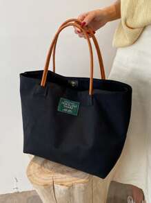 輕便商務休閒大容量貼花裝飾單肩手提包適合青少年女大學生、菜鳥和白領，非常適合辦公室、大學、工作、商務、通勤 - 黑色 - 查看 4