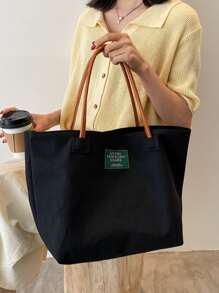 輕便商務休閒大容量貼花裝飾單肩手提包適合青少年女大學生、菜鳥和白領，非常適合辦公室、大學、工作、商務、通勤 - 黑色 - 查看 6