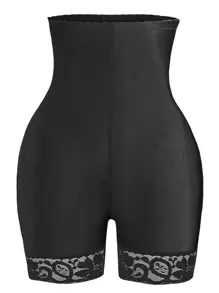 Plus Lace Trim High Waisted Shapewear Shorts - Black - View 1