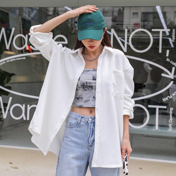 

Drop Shoulder Pocket Patched Blouse, White