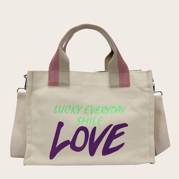 

Letter Graphic Top Handle Bag, Beige