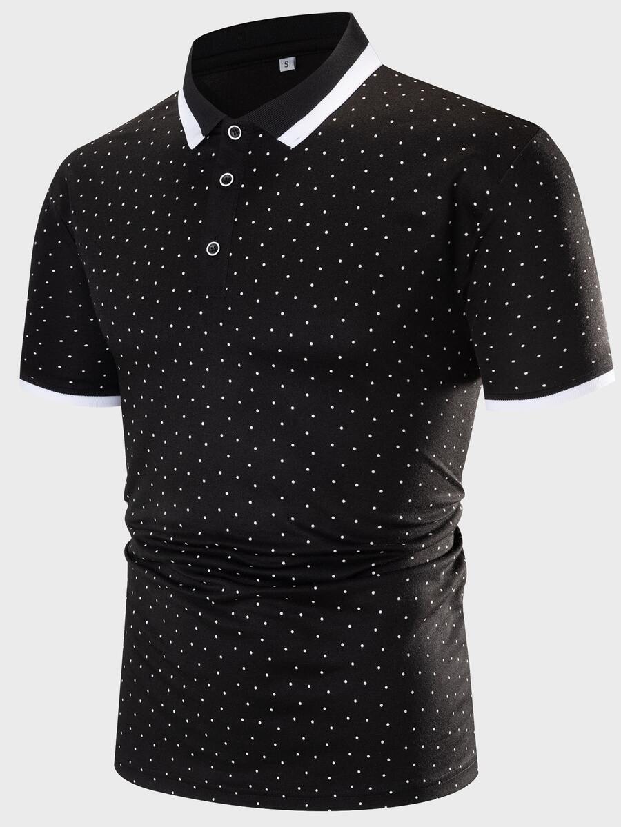 Manfinity Men Polka Dot Print Contrast Collar Polo Shirt - Black - View 1