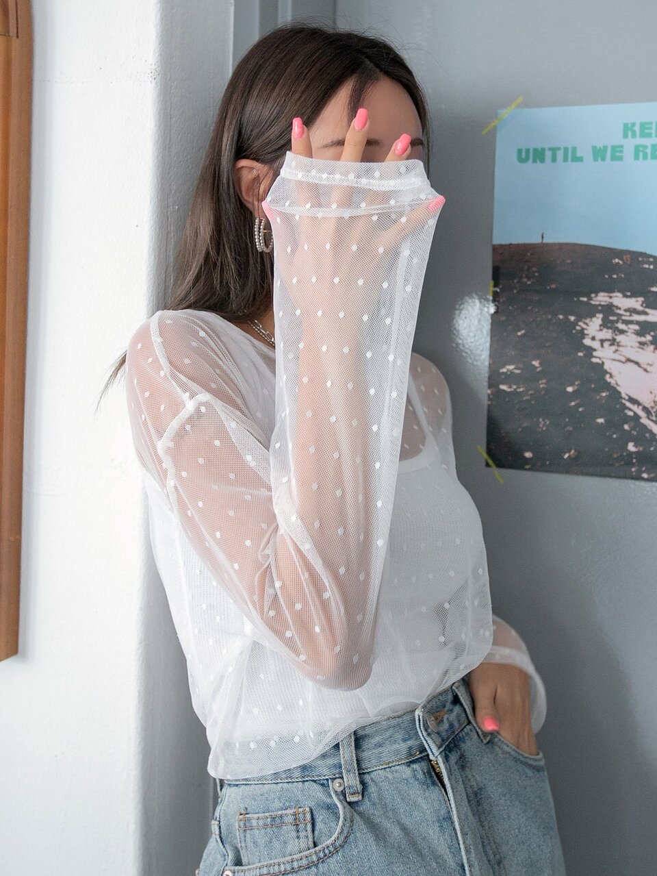 Drop Shoulder Dobby Mesh Top Without Camisole