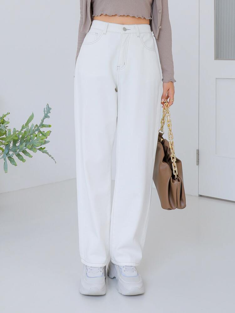 DAZY Quần jean ống đứng có túi nghiêng - trắng - Xem 7