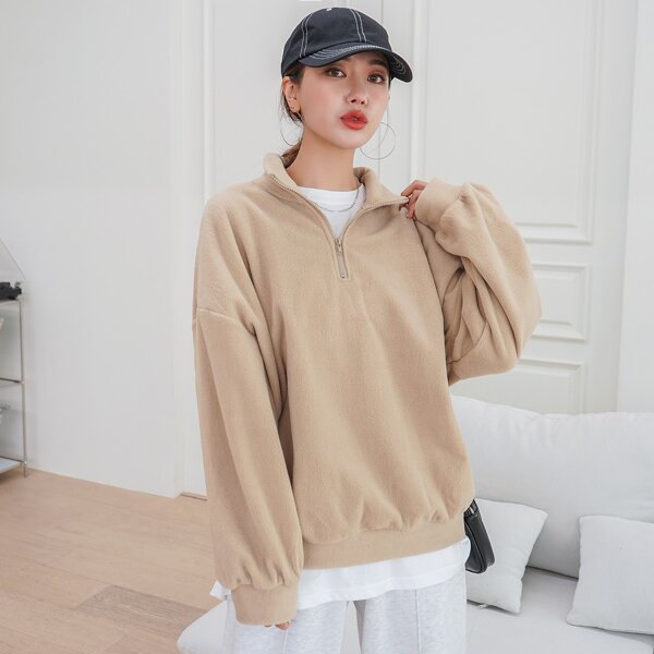 

Half Zip Drop Shoulder Oversized Fleece Sweatshirt, Khaki
