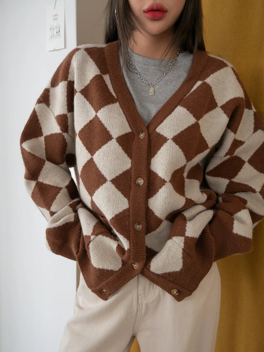 DAZY Argyle Pattern Drop Shoulder Cardigan - Multicolor - View 1