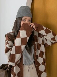 DAZY Argyle Pattern Drop Shoulder Cardigan - Multicolor - View 4