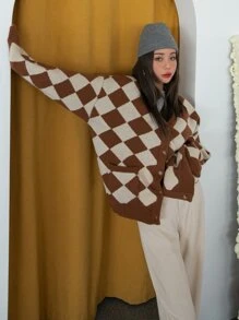 DAZY Argyle Pattern Drop Shoulder Cardigan - Multicolor - View 5