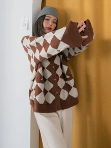 DAZY Argyle Pattern Drop Shoulder Cardigan - Multicolor - View 8