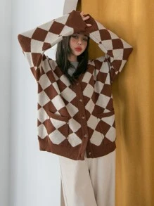 DAZY Argyle Pattern Drop Shoulder Cardigan - Multicolor - View 9