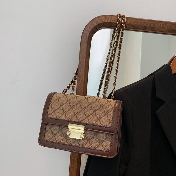 

Allover Print Metal Lock Chain Shoulder Bag, Coffee brown