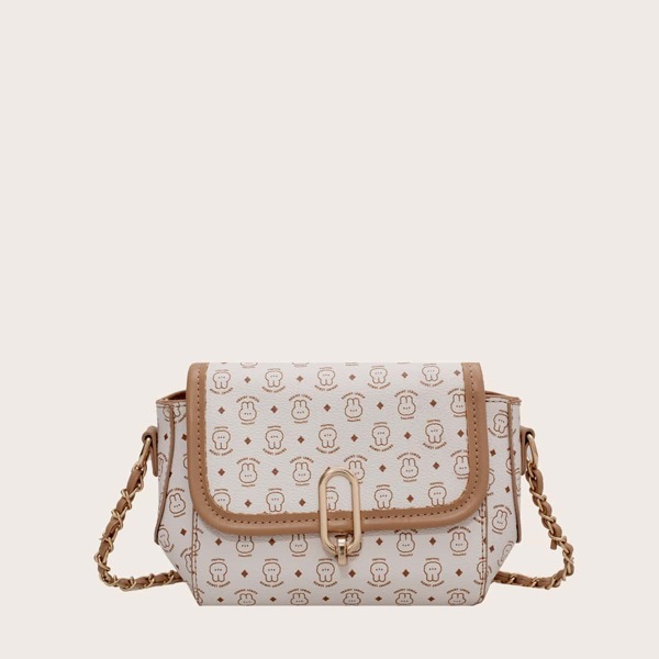 

Allover Print Metal Lock Chain Crossbody Bag, Khaki