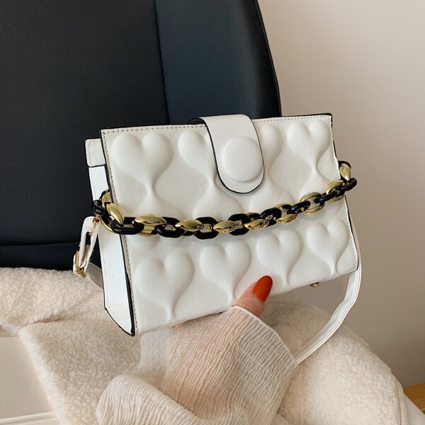 

Heart Design Chain Decor Square Bag, White