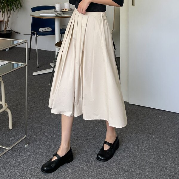 

High Waist Solid Pleated Skirt, Beige