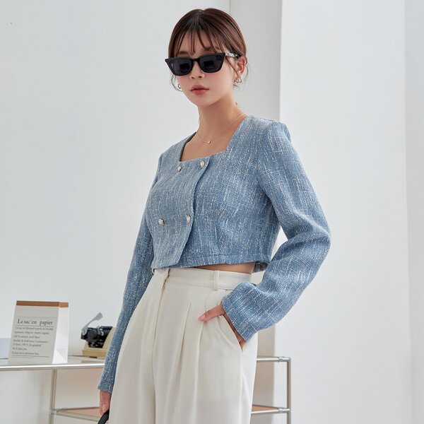 

Square Neck Double Breasted Crop Jacket, Blue