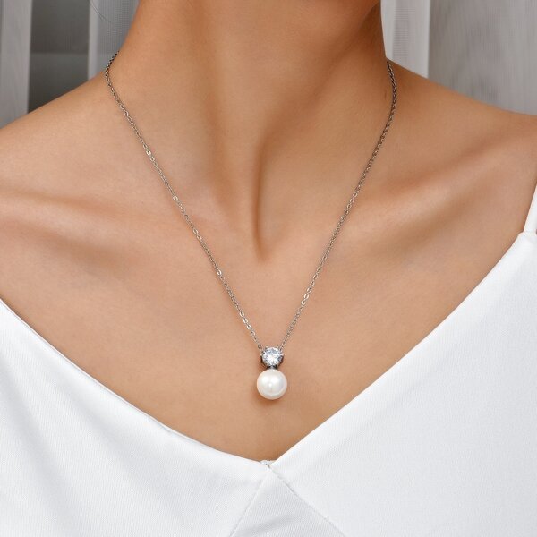 

Zircon & Faux Pearl Charm Necklace, White