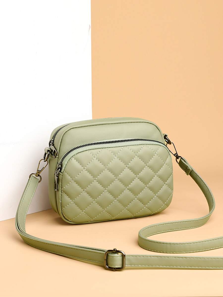 Mini Quilted Pattern Zip Front Novelty Bag - Green - View 1