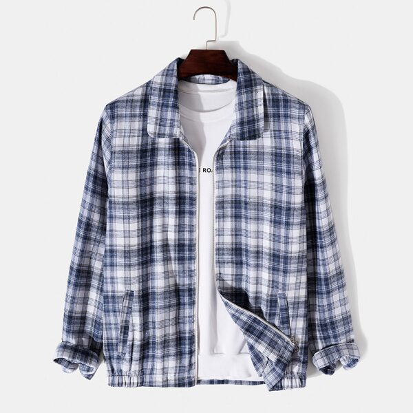 

Men Tartan Elastic Hem Zipper Jacket, Blue and white