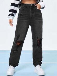 Jeans de pierna recta con lavado con diseño roto - Negro - Ver 1