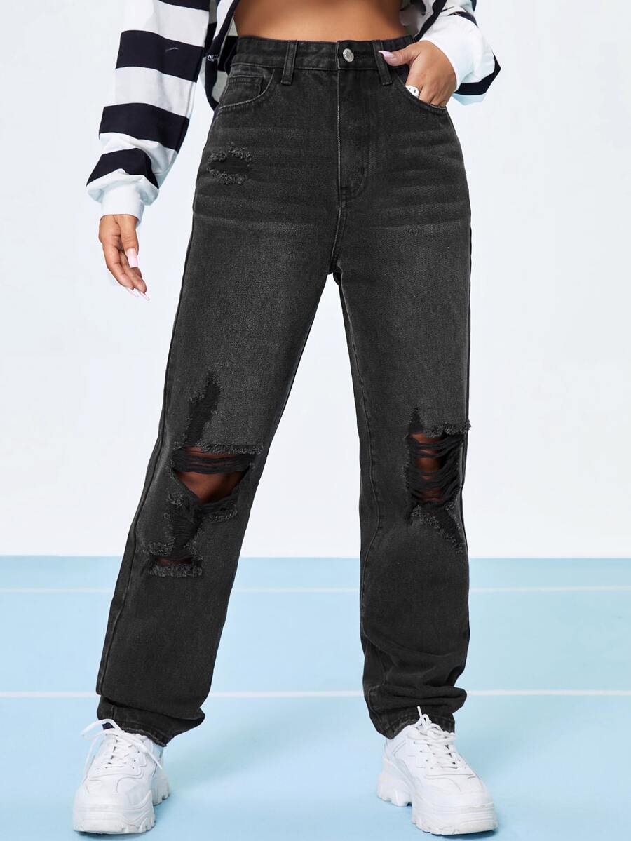 Jeans de pierna recta con lavado con diseño roto - Negro - Ver 1