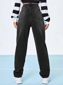 Jeans de pierna recta con lavado con diseño roto - Negro - Ver 2