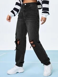 Jeans de pierna recta con lavado con diseño roto - Negro - Ver 4